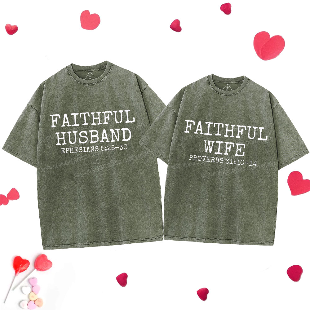 Faithful Husban Wife Christian Couple Washed T-Shirt