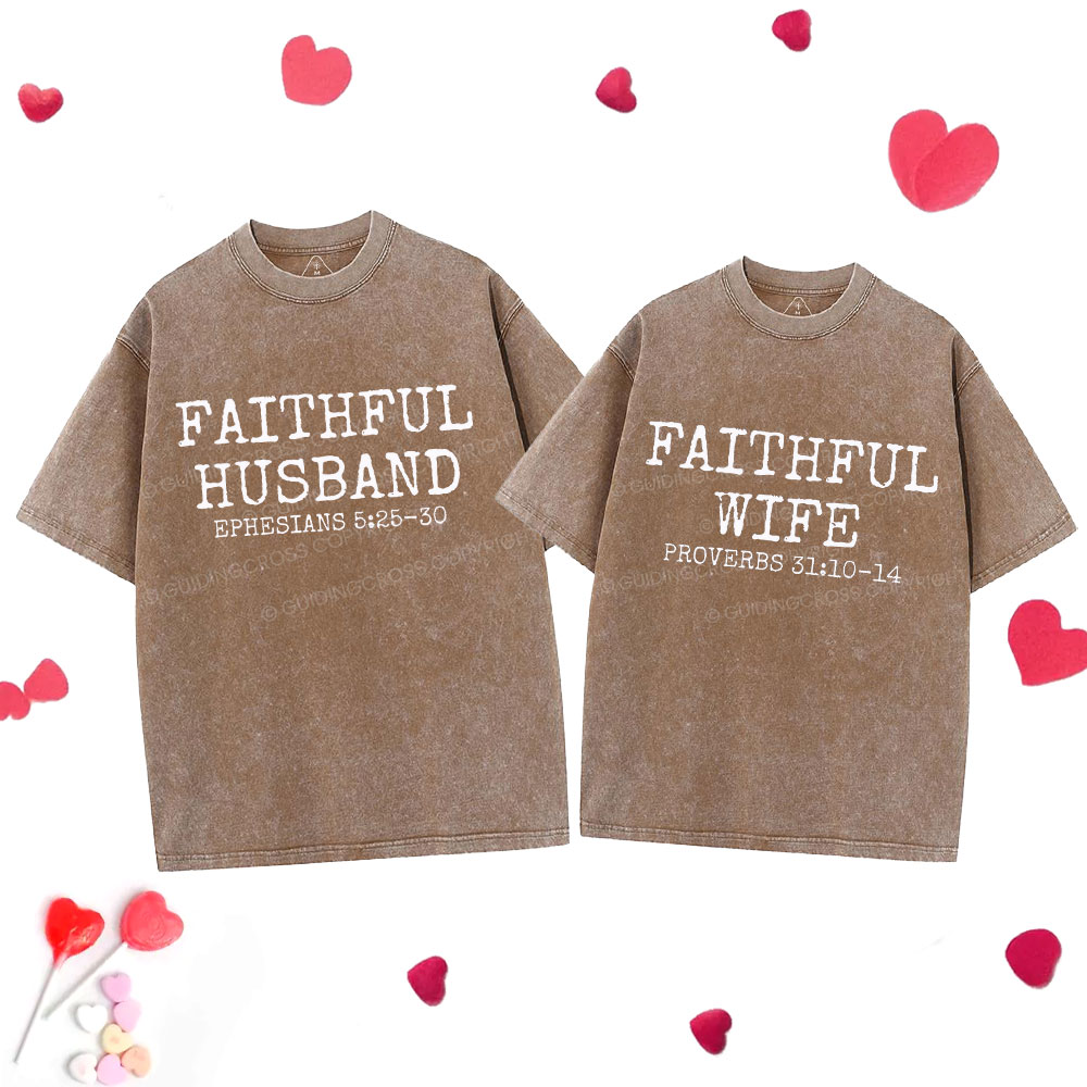 Faithful Husban Wife Christian Couple Washed T-Shirt