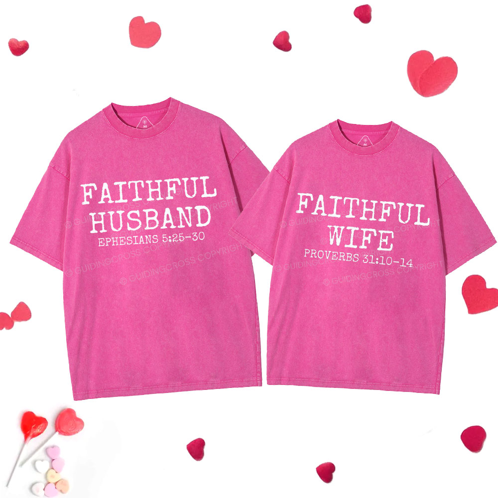 Faithful Husban Wife Christian Couple Washed T-Shirt