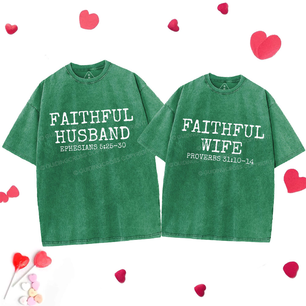 Faithful Husban Wife Christian Couple Washed T-Shirt