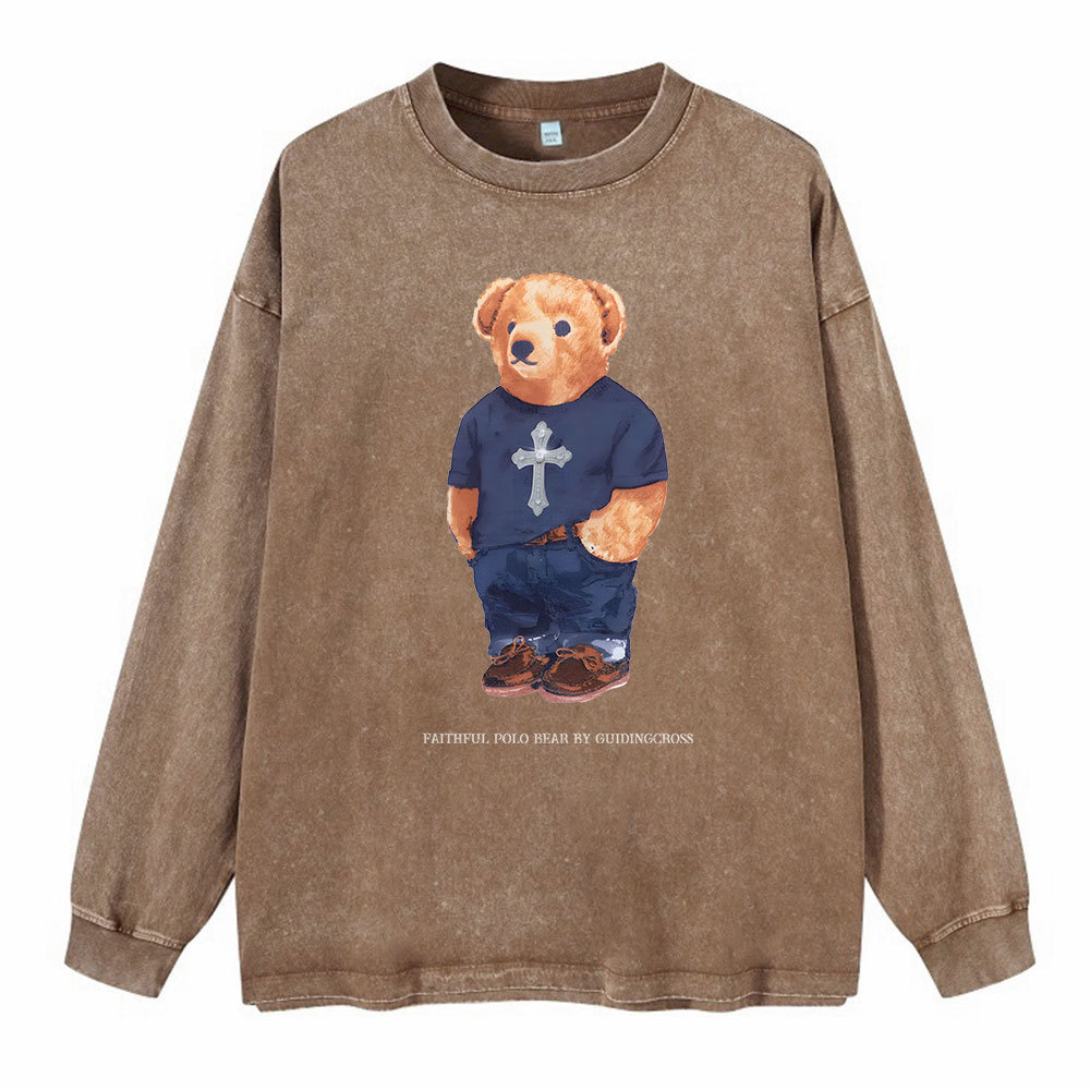 Faithful Polo Bear By Guidingcross Washed Long Sleeve T-Shirt