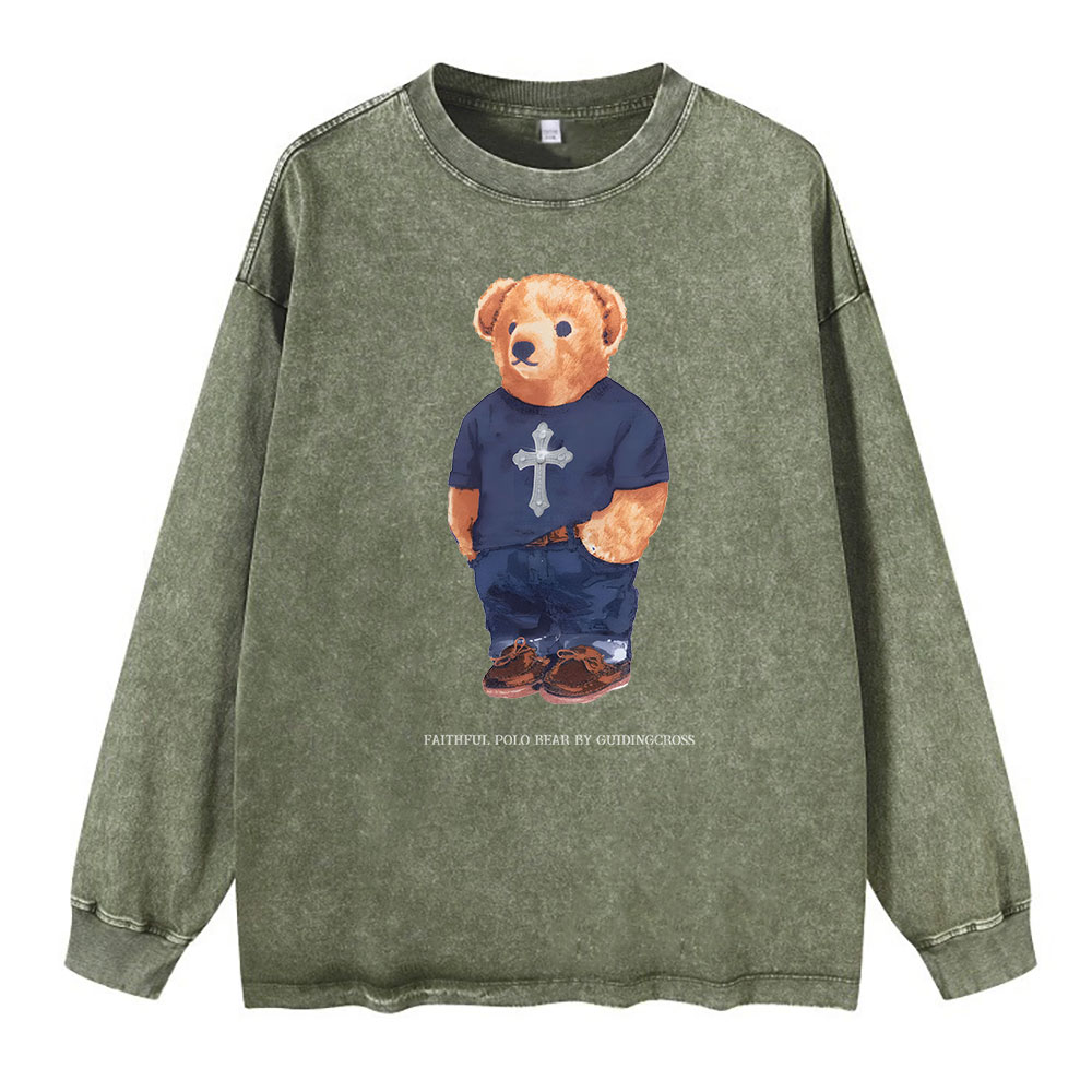Faithful Polo Bear By Guidingcross Washed Long Sleeve T-Shirt