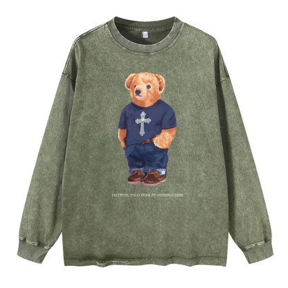 Faithful Polo Bear By Guidingcross Washed Long Sleeve T-Shirt