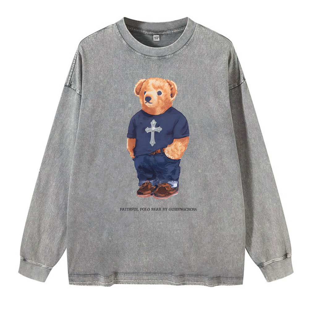 Faithful Polo Bear By Guidingcross Washed Long Sleeve T-Shirt