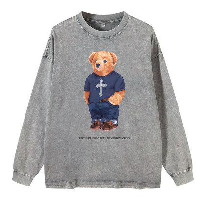 Faithful Polo Bear By Guidingcross Washed Long Sleeve T-Shirt