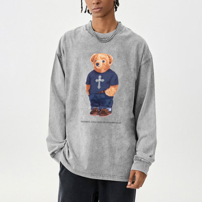 Faithful Polo Bear By Guidingcross Washed Long Sleeve T-Shirt