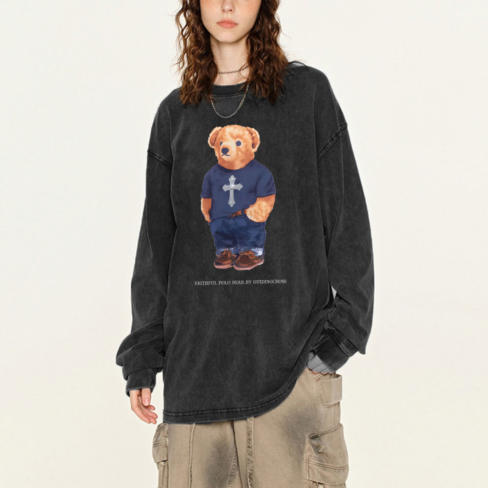 Faithful Polo Bear By Guidingcross Washed Long Sleeve T-Shirt