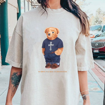 Faithful Polo Bear By Guidingcross Christian Washed T-Shirt