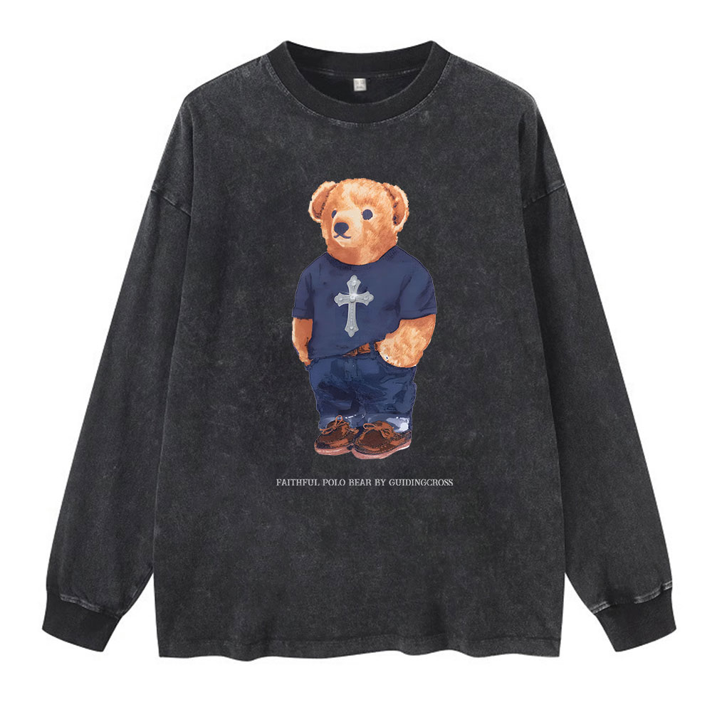 Faithful Polo Bear By Guidingcross Washed Long Sleeve T-Shirt