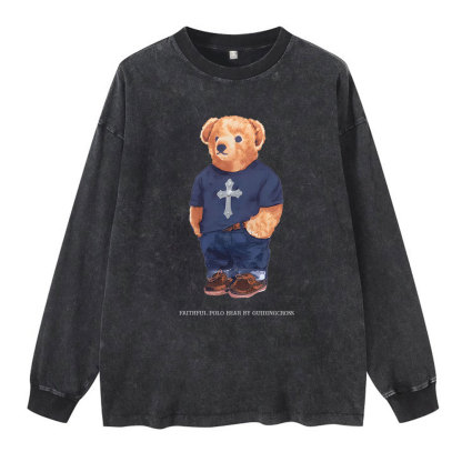 Faithful Polo Bear By Guidingcross Washed Long Sleeve T-Shirt