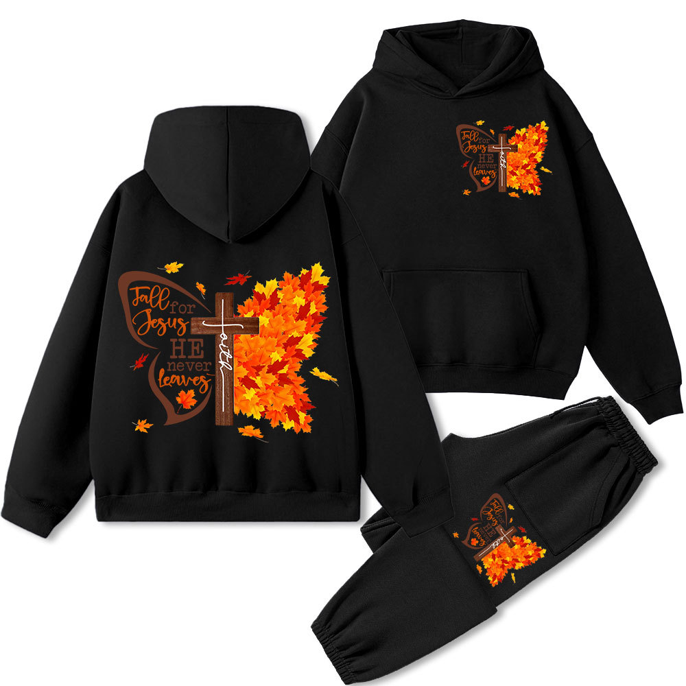 Fall For Jesus He Never Leaves Christian Premium Fleece Hoodie Set