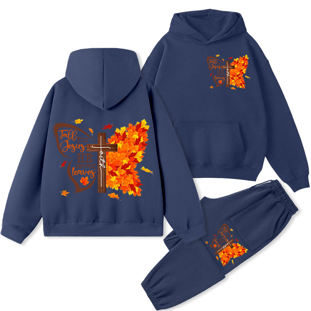 Fall For Jesus He Never Leaves Christian Premium Fleece Hoodie Set
