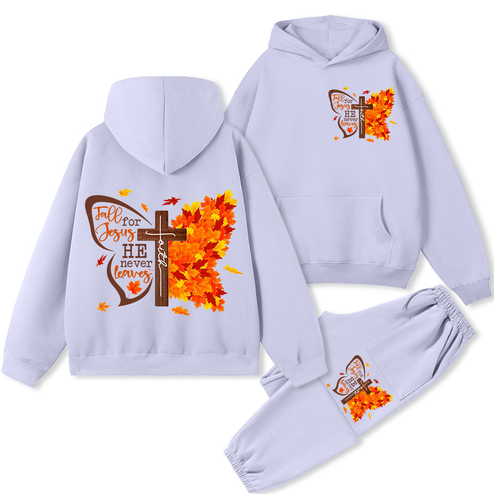 Fall For Jesus He Never Leaves Christian Premium Fleece Hoodie Set