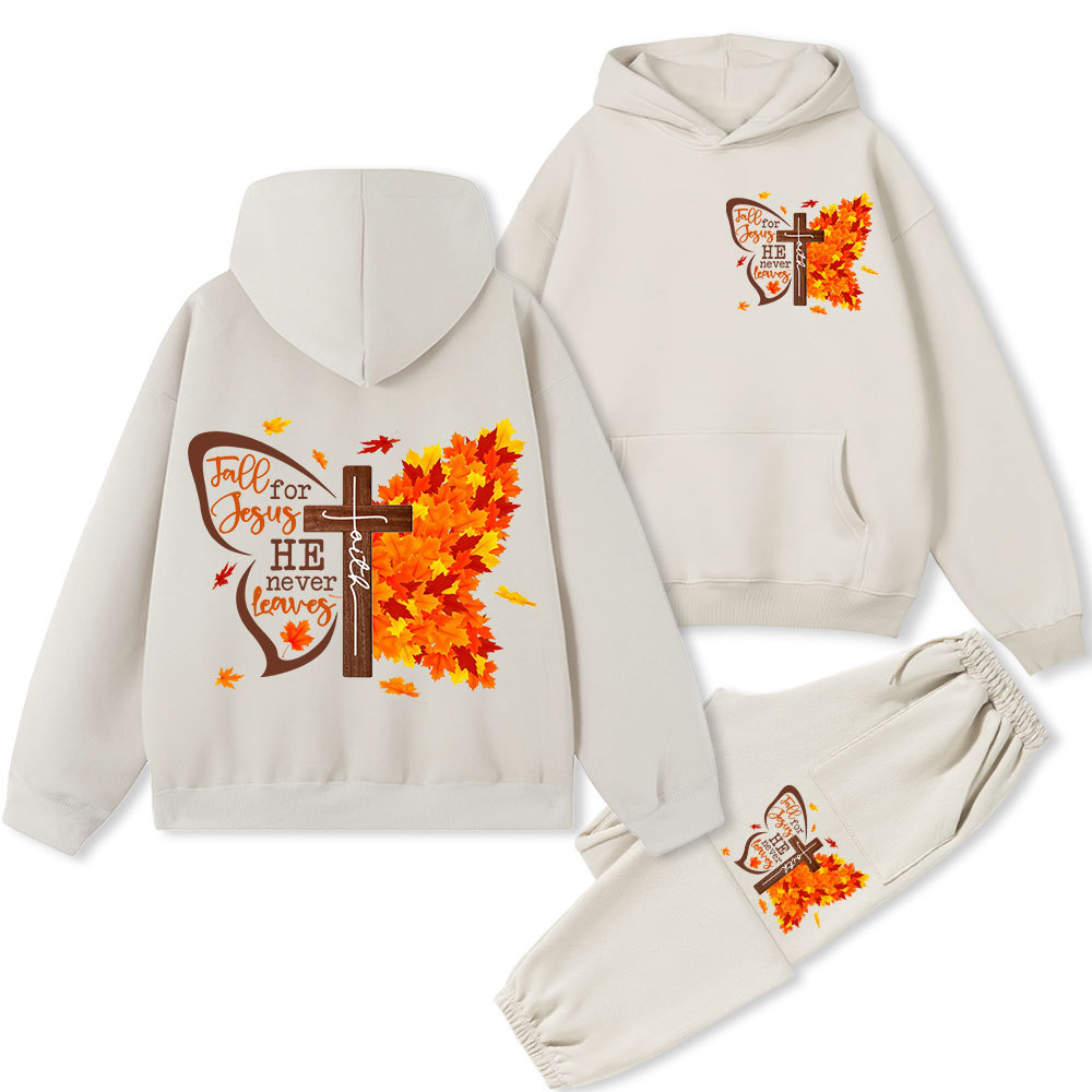 Fall For Jesus He Never Leaves Christian Premium Fleece Hoodie Set