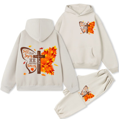 Fall For Jesus He Never Leaves Christian Premium Fleece Hoodie Set