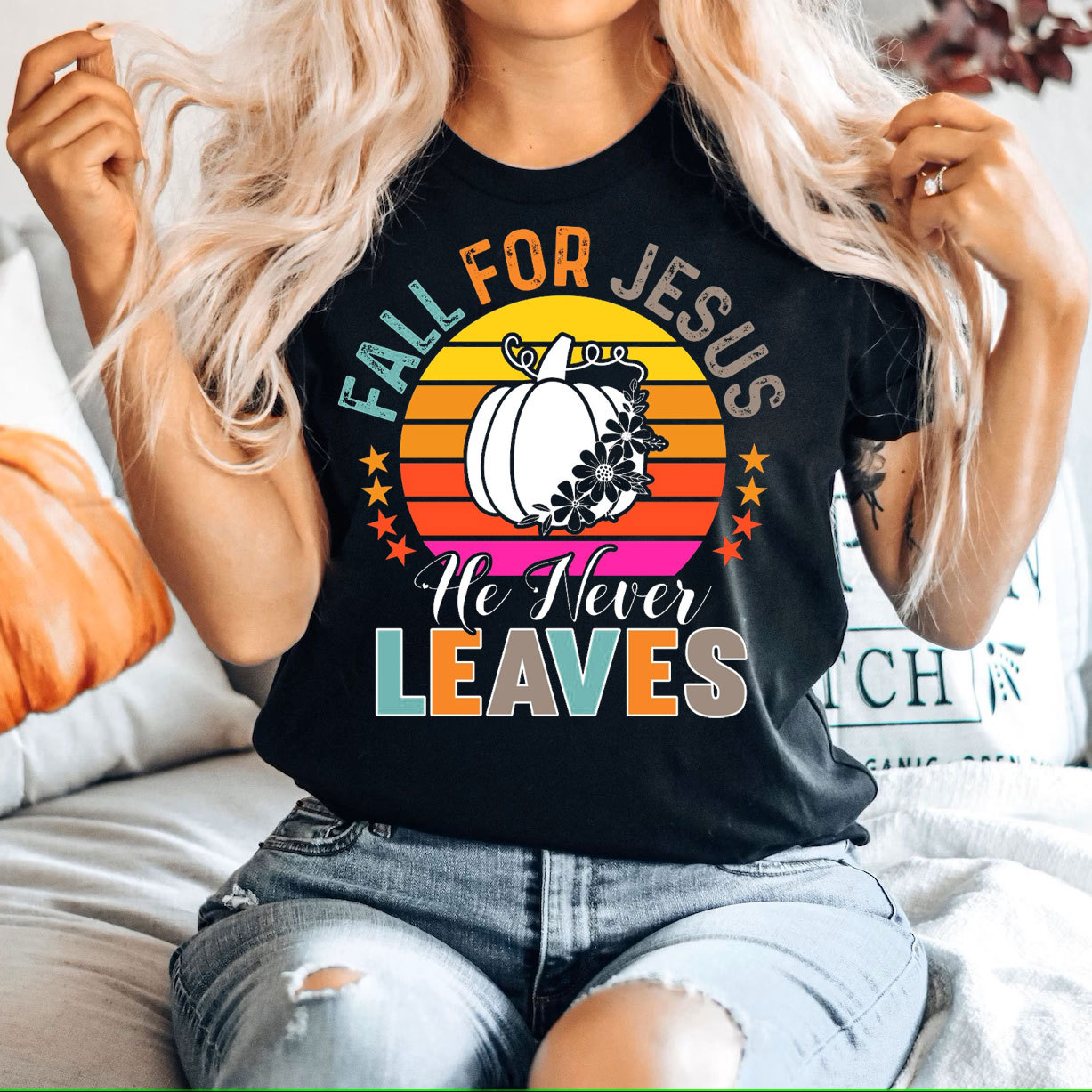 Fall For Jesus He Never Leaves Christian T-Shirt