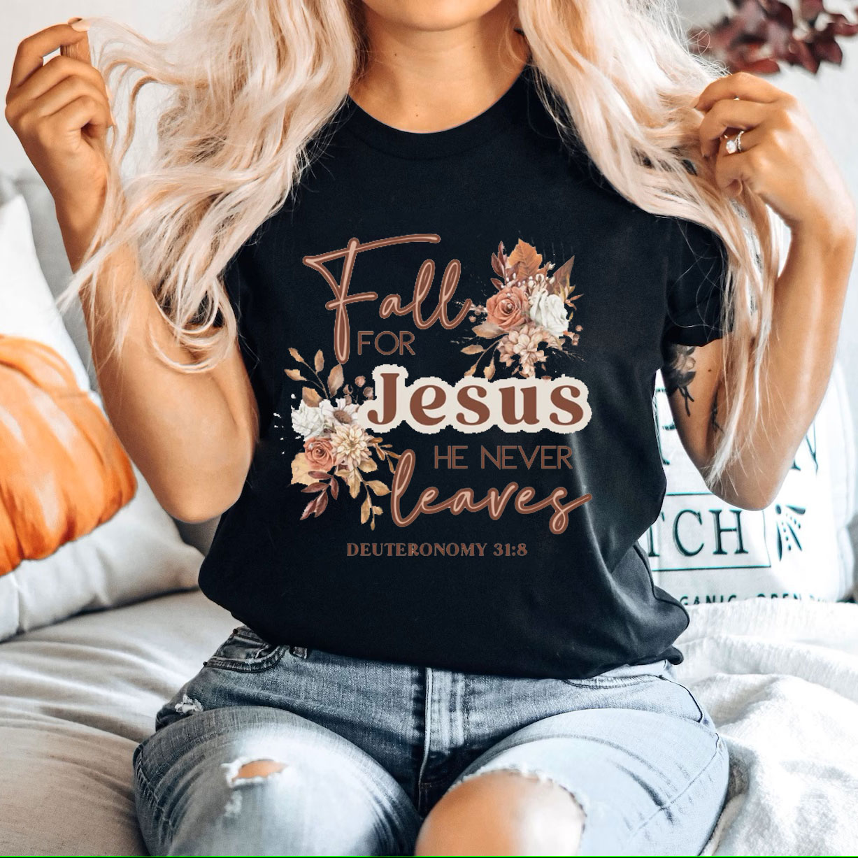 Fall For Jesus He Never Leaves Christian T-Shirt
