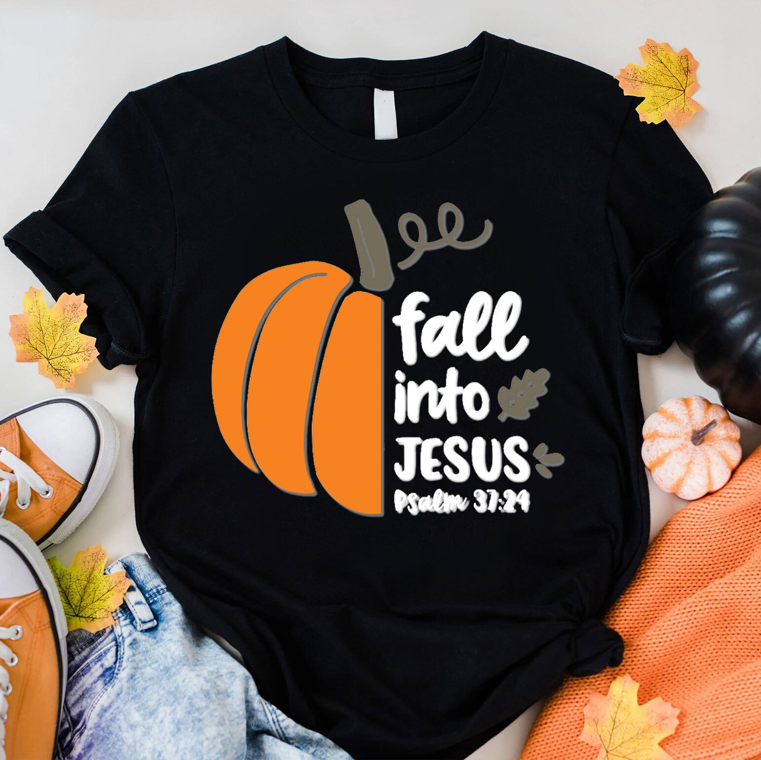 Fall Into Jesus Psalm 37：24 Christian T-Shirt