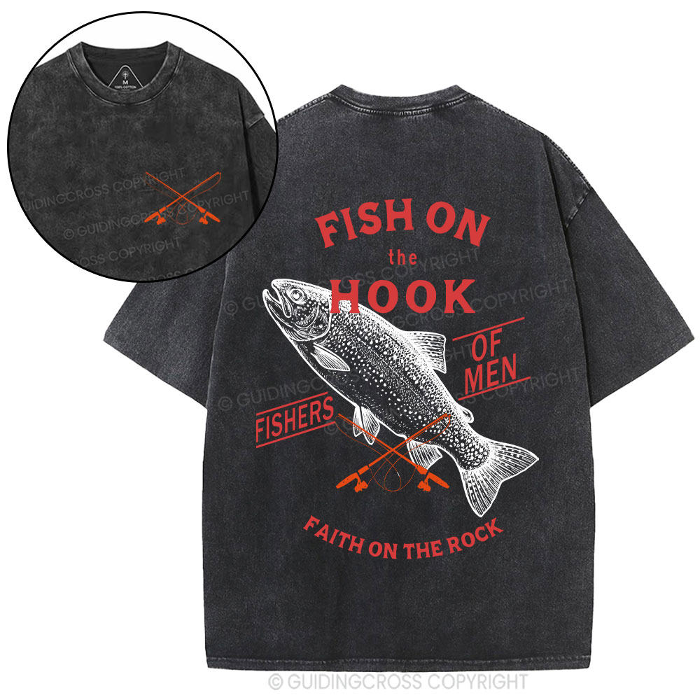 Fish On The Hook Faith On The Rock Christian Washed T-Shirt