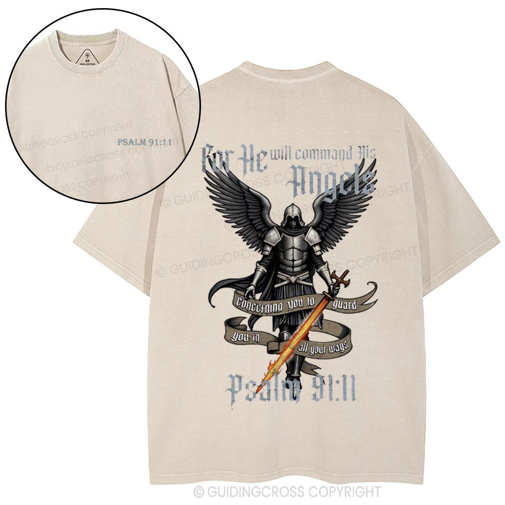 For He Will Command His Angels Christian Washed T-Shirt