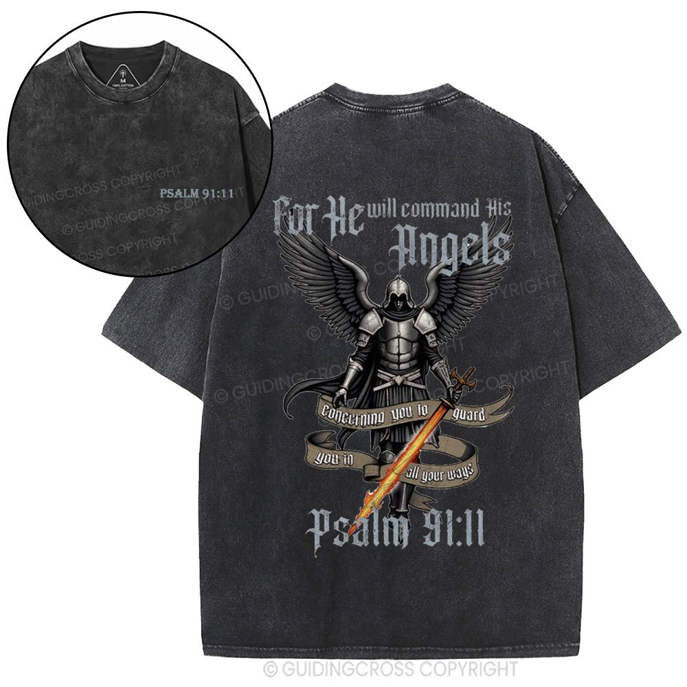 For He Will Command His Angels Christian Washed T-Shirt