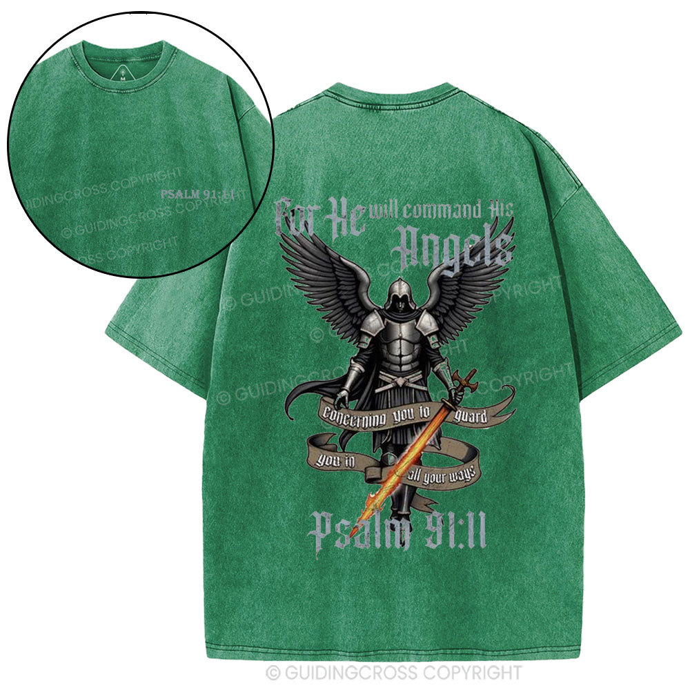 For He Will Command His Angels Christian Washed T-Shirt