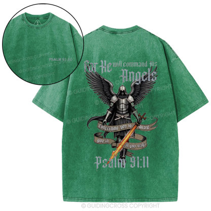 For He Will Command His Angels Christian Washed T-Shirt
