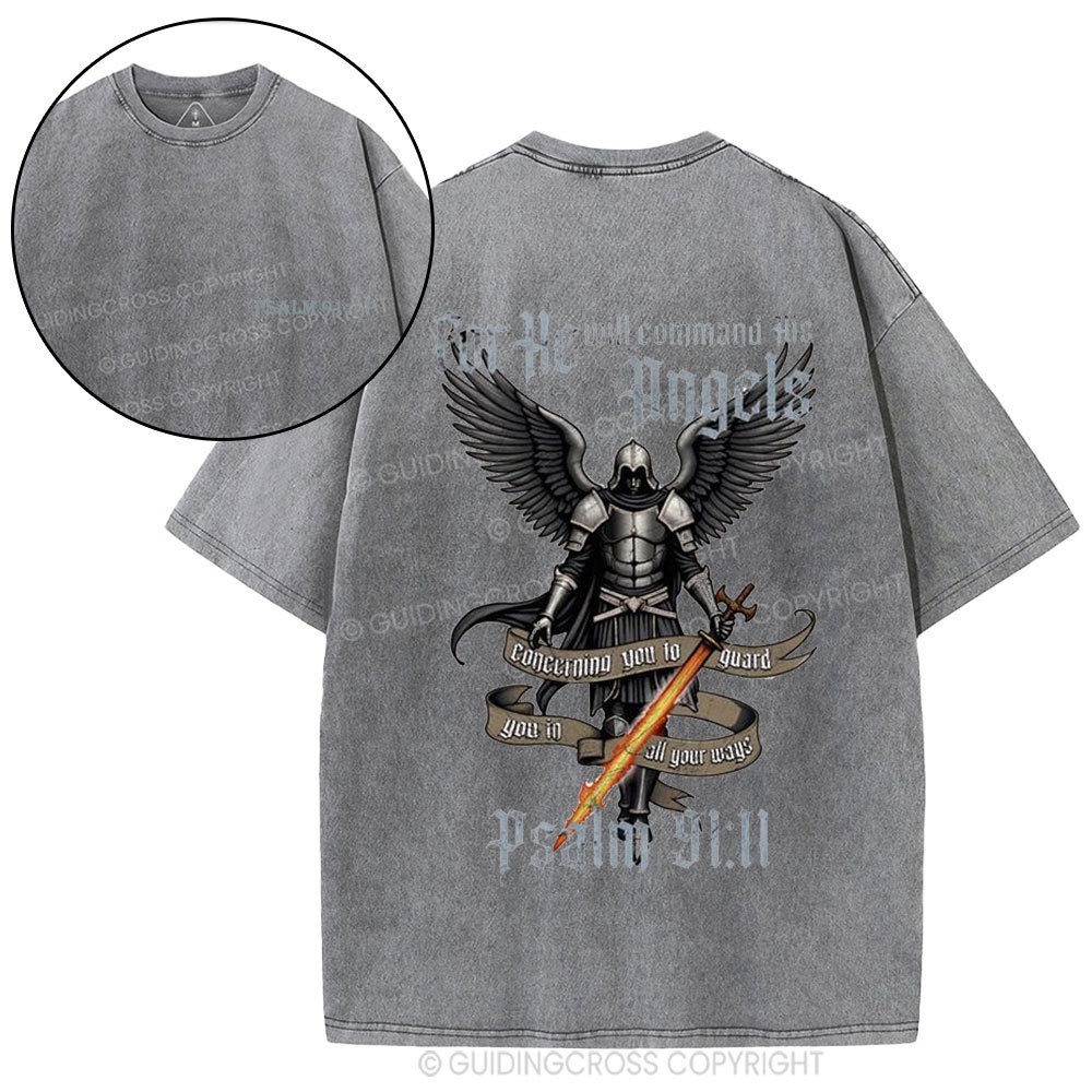 For He Will Command His Angels Christian Washed T-Shirt