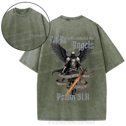 For He Will Command His Angels Christian Washed T-Shirt