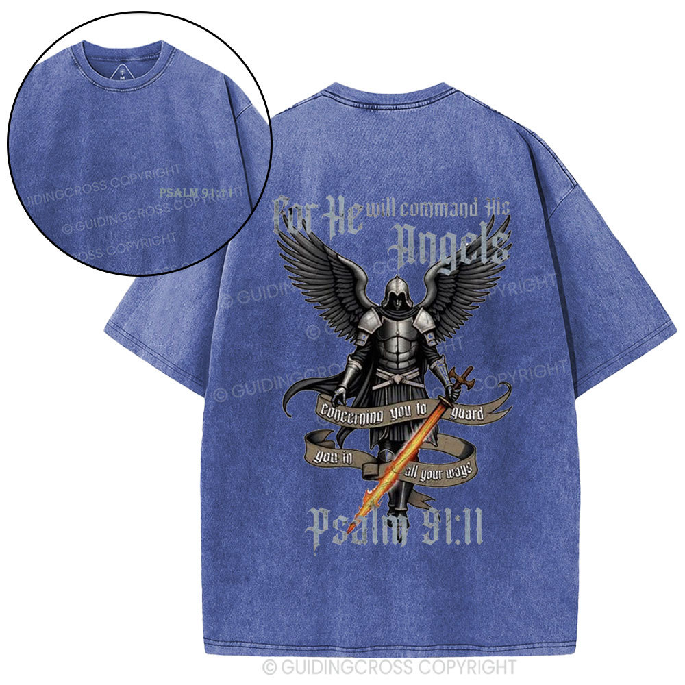 For He Will Command His Angels Christian Washed T-Shirt