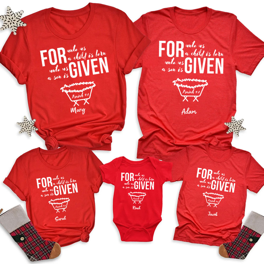 For Unto Us A Child Is Born Christmas Family Matching Shirts