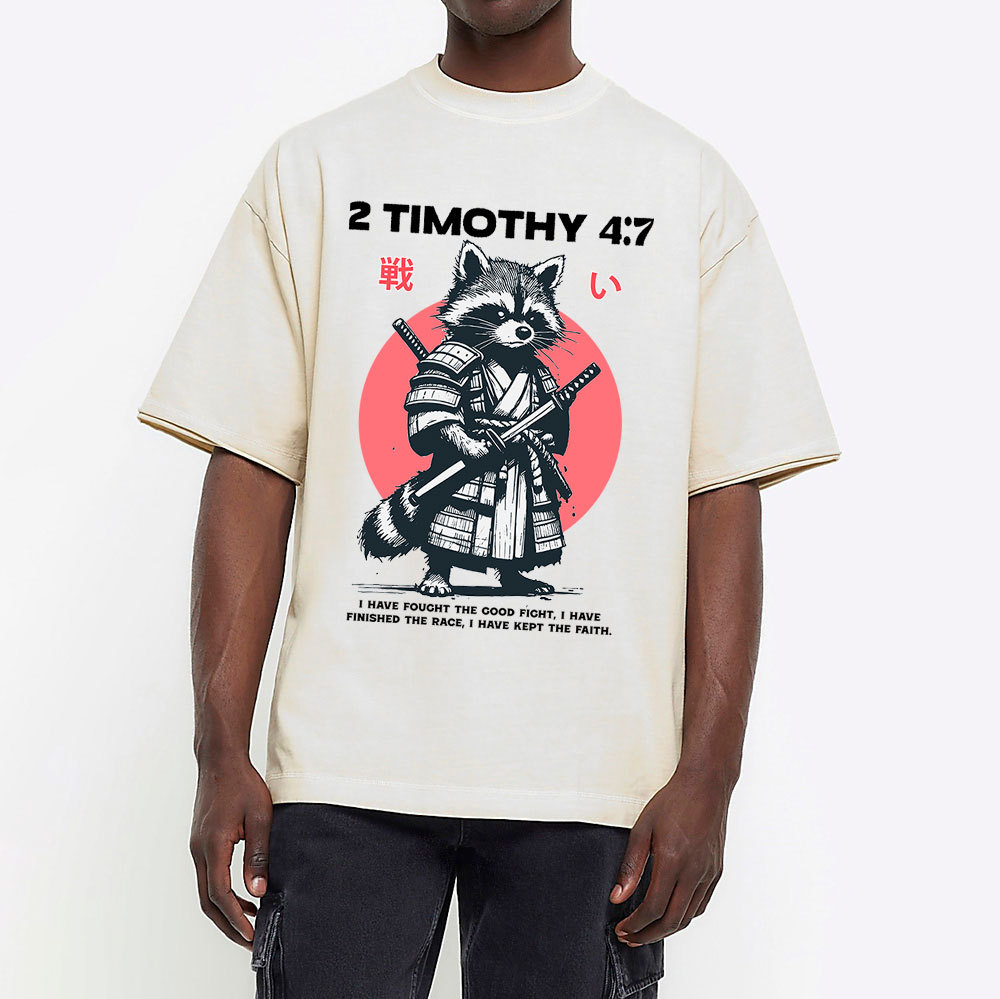 Fought The Good Fight Raccoon Christian Washed T-Shirt