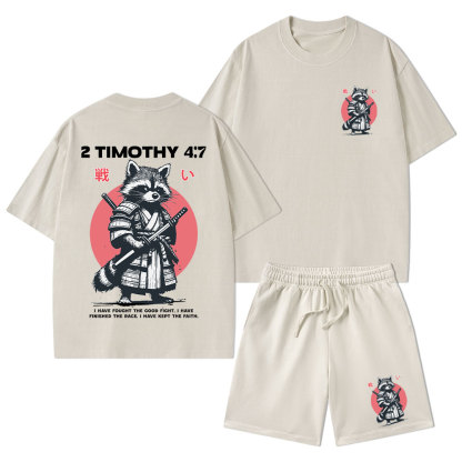 Fought The Good Fight Raccoon Christian Washed T-Shirt & Shorts
