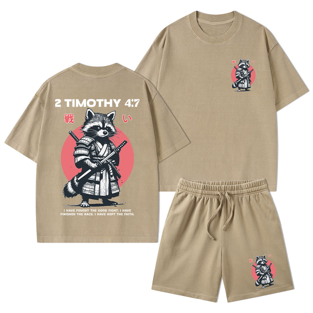 Fought The Good Fight Raccoon Christian Washed T-Shirt & Shorts