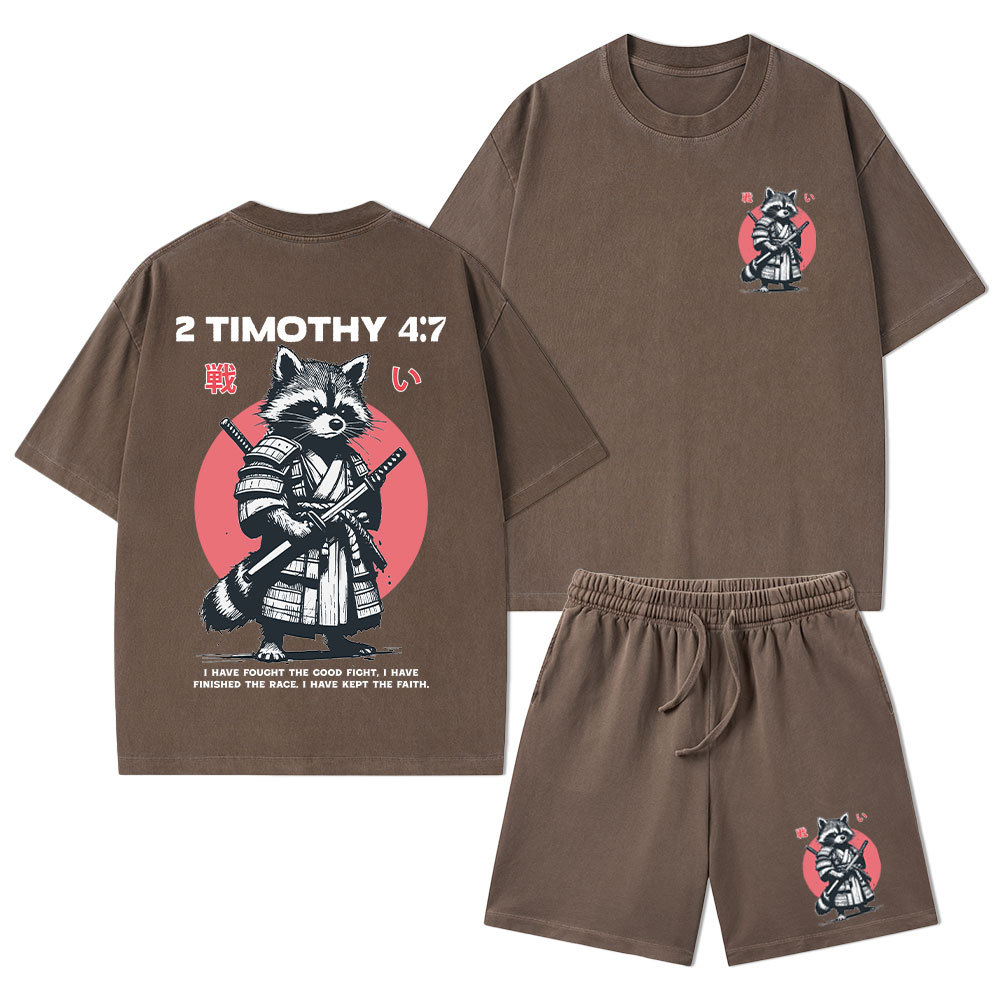 Fought The Good Fight Raccoon Christian Washed T-Shirt & Shorts