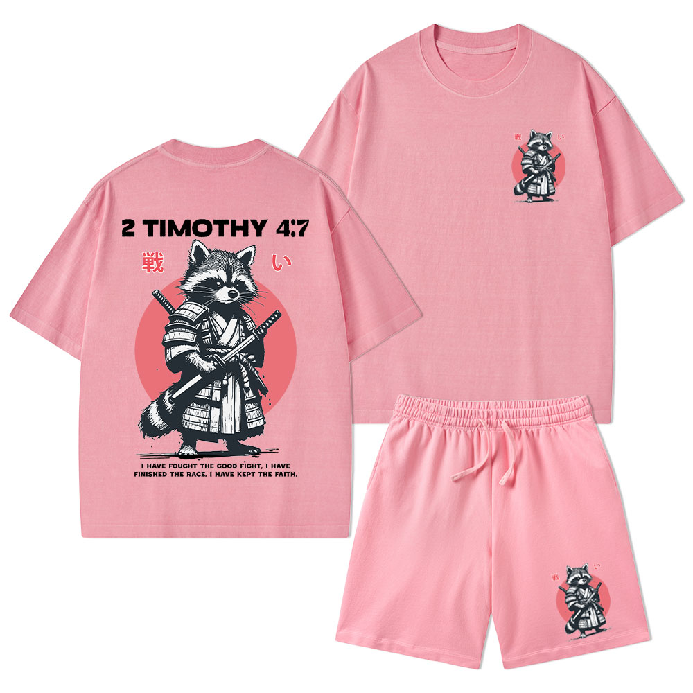 Fought The Good Fight Raccoon Christian Washed T-Shirt & Shorts