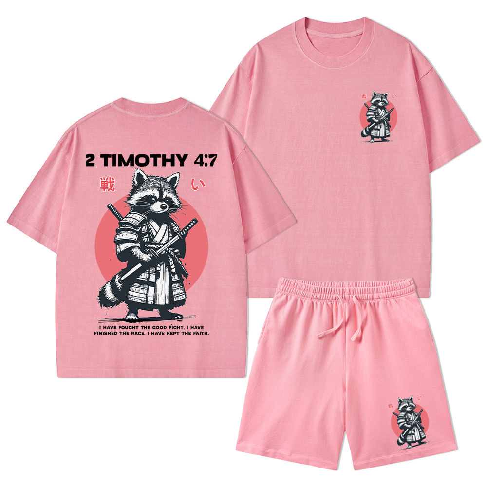 Fought The Good Fight Raccoon Christian Washed T-Shirt & Shorts