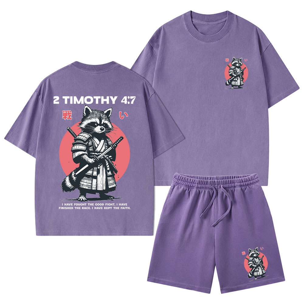 Fought The Good Fight Raccoon Christian Washed T-Shirt & Shorts