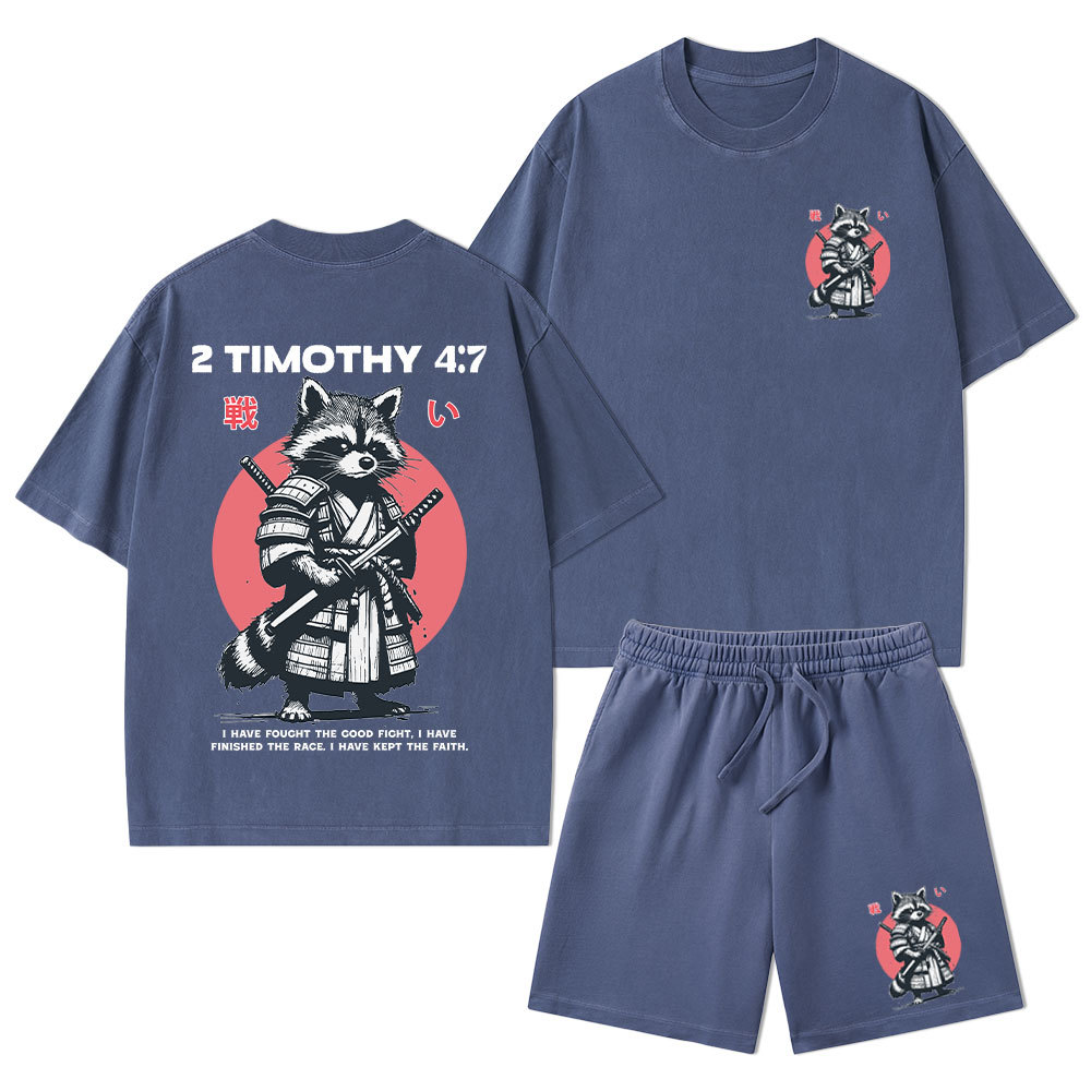 Fought The Good Fight Raccoon Christian Washed T-Shirt & Shorts
