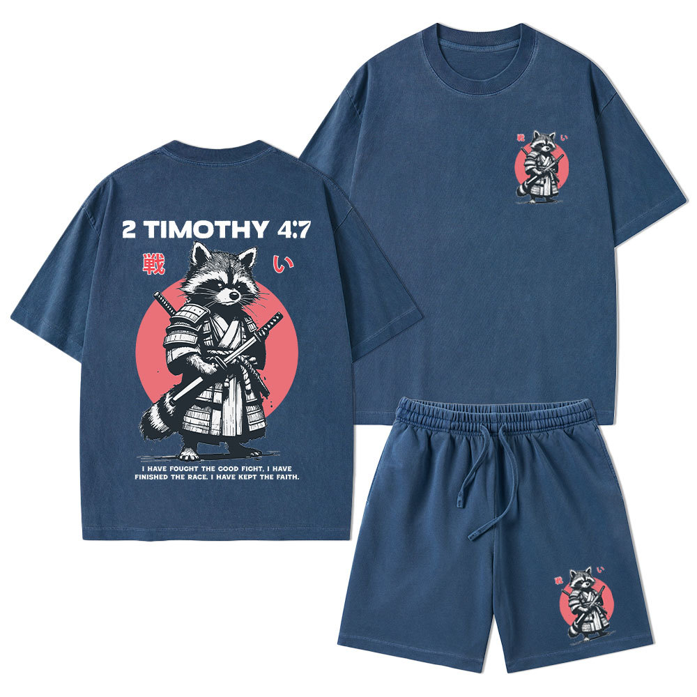 Fought The Good Fight Raccoon Christian Washed T-Shirt & Shorts