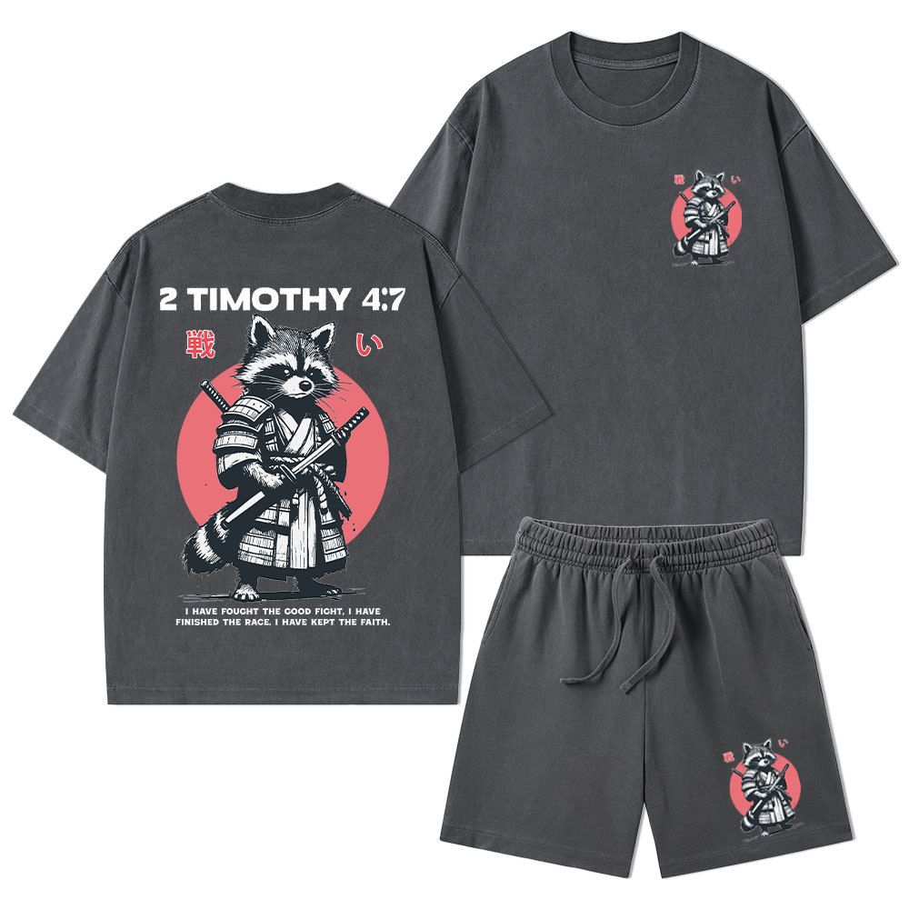 Fought The Good Fight Raccoon Christian Washed T-Shirt & Shorts