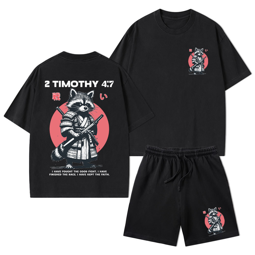 Fought The Good Fight Raccoon Christian Washed T-Shirt & Shorts