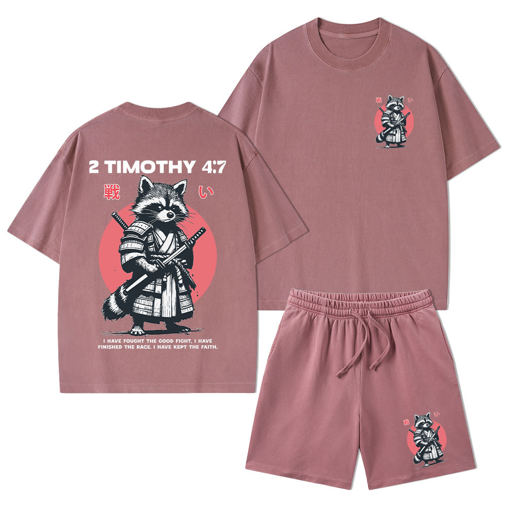 Fought The Good Fight Raccoon Christian Washed T-Shirt & Shorts