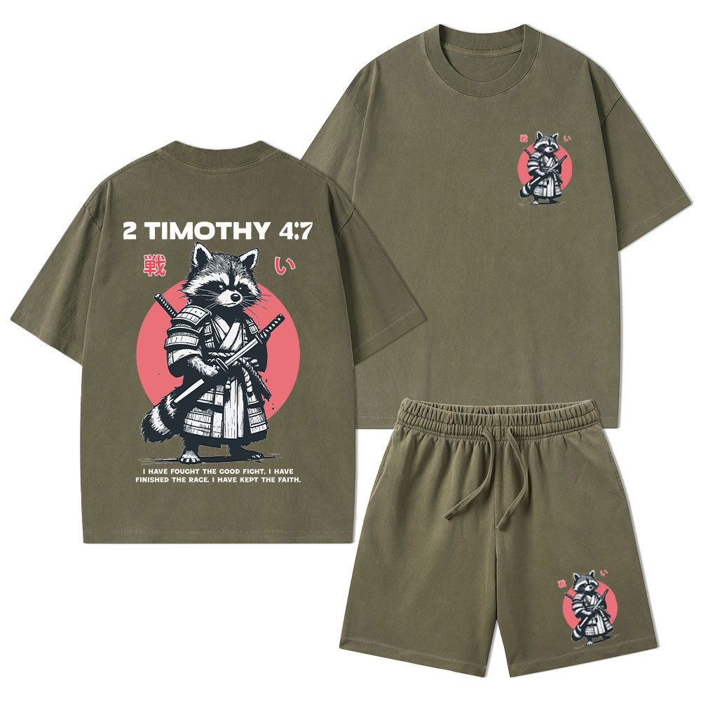 Fought The Good Fight Raccoon Christian Washed T-Shirt & Shorts