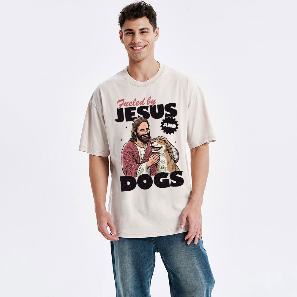 Fueled By Jesus And Dogs Christian Washed T-Shirt 