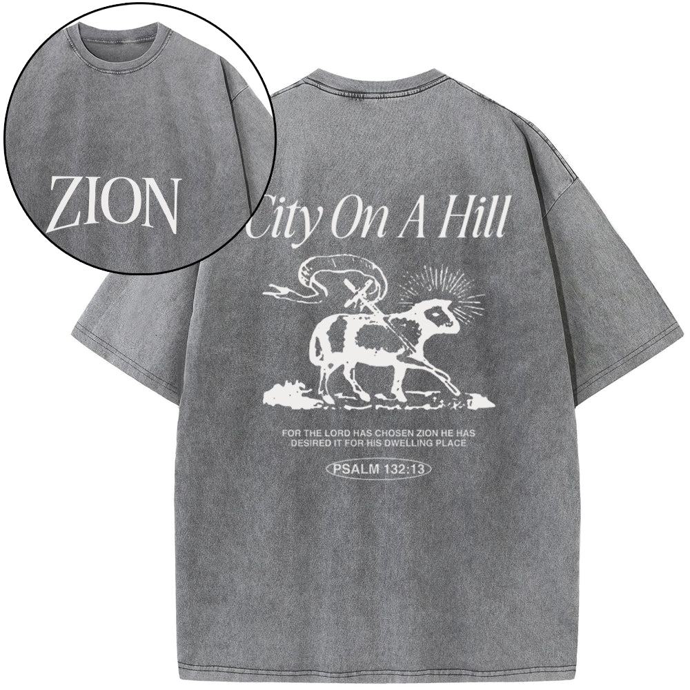 Zion City On A Hill Christian Washed T-Shirt