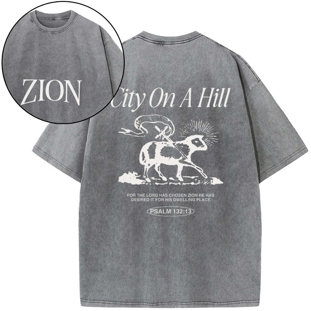 Zion City On A Hill Christian Washed T-Shirt