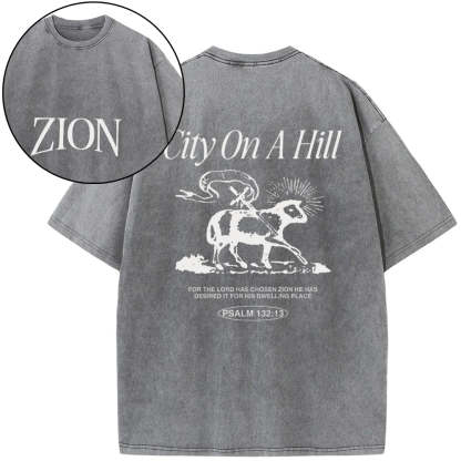 Zion City On A Hill Christian Washed T-Shirt