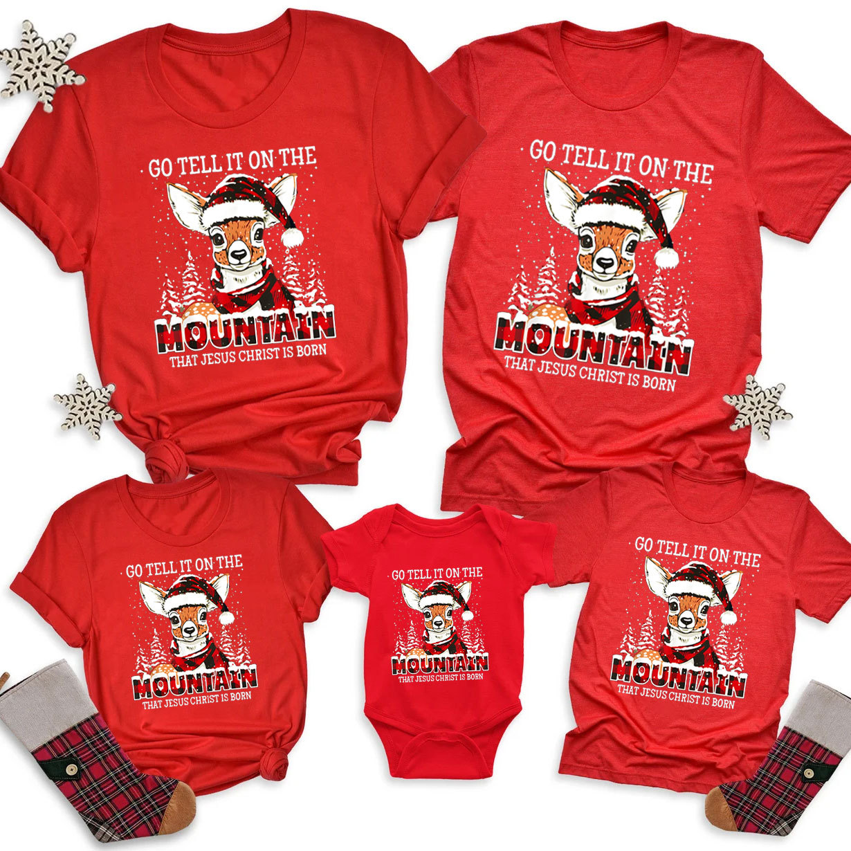 Go Tell It On The Mountain That Jesus Christ Is Born Christian Christmas Family Matching Shirts 