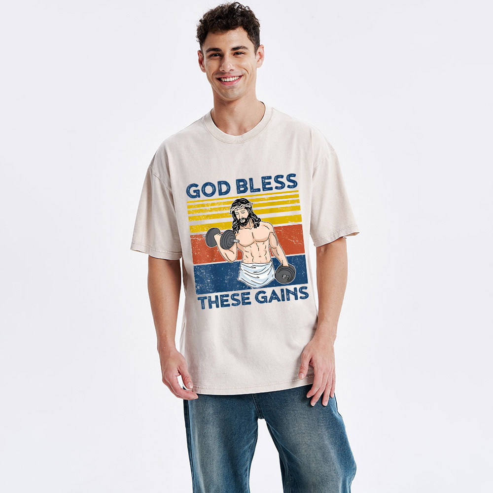 God Bless These Gains Christian Washed T-Shirt